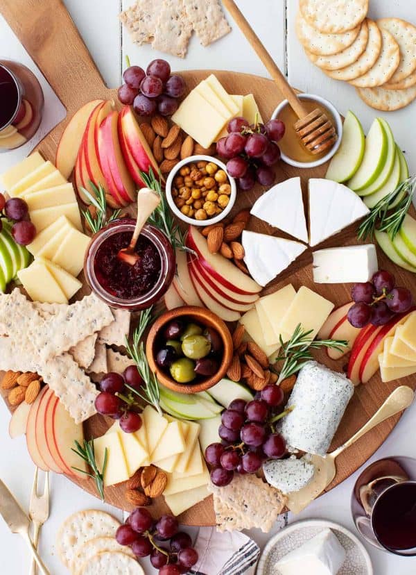A pretty simple display including cheese, crackers, and apples from love and lemons.