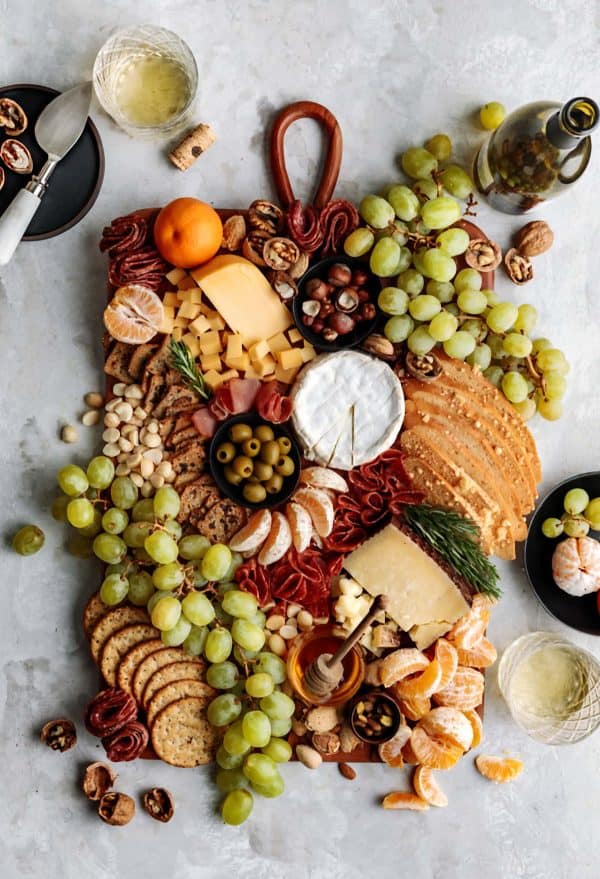 A large more traditional charcuterie board from yoga of cooking.