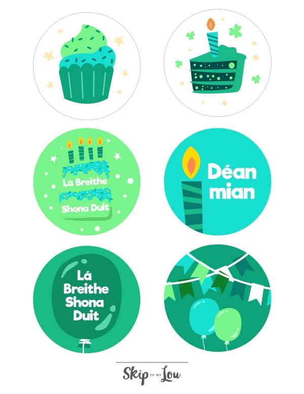 Happy birthday in Irish stickers with icons of muffins, cakes, candle, and balloons. Text reads "dean mian" and "la breithe shona duit". - Skip to my lou