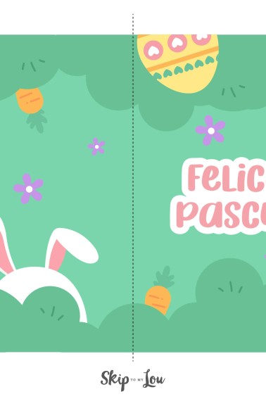 Felices Pascuas in front of a green background with Easter eggs and an Easter bunny image. From Skip to my Lou