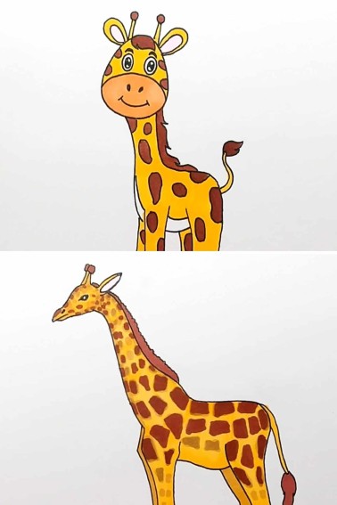 collage of how to draw a realistic giraffe and cartoon giraffe steps