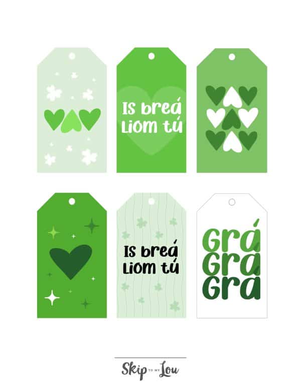 6 different tags in green with green hearts and different sayings in Irish to say I love you. - Skip to my Lou