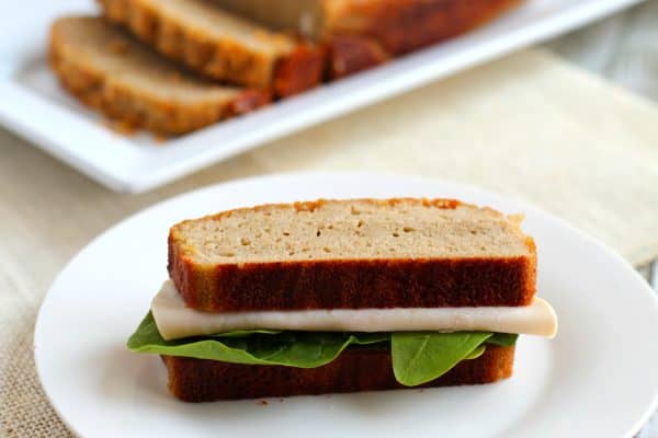 Turkey and spinach sandwich made with gluten free, grain free and nut free paleo bread, by Skip to my Lou.