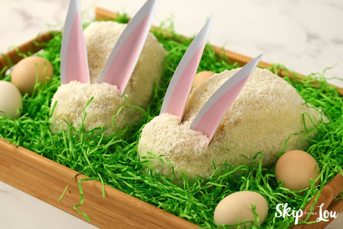 Two coconut covered bunny cakes with printable ears sitting in green Easter grass with 4 eggs, by Skip to my Lou.