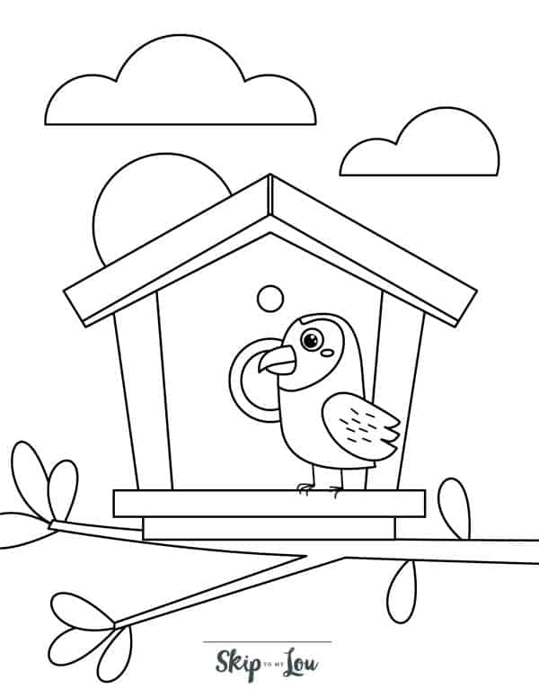 Bird in a birdhouse on top of a branch coloring page from Skip to my Lou.
