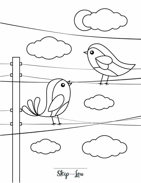 Birds on top of wires with clouds in the background coloring page from Skip to my Lou.