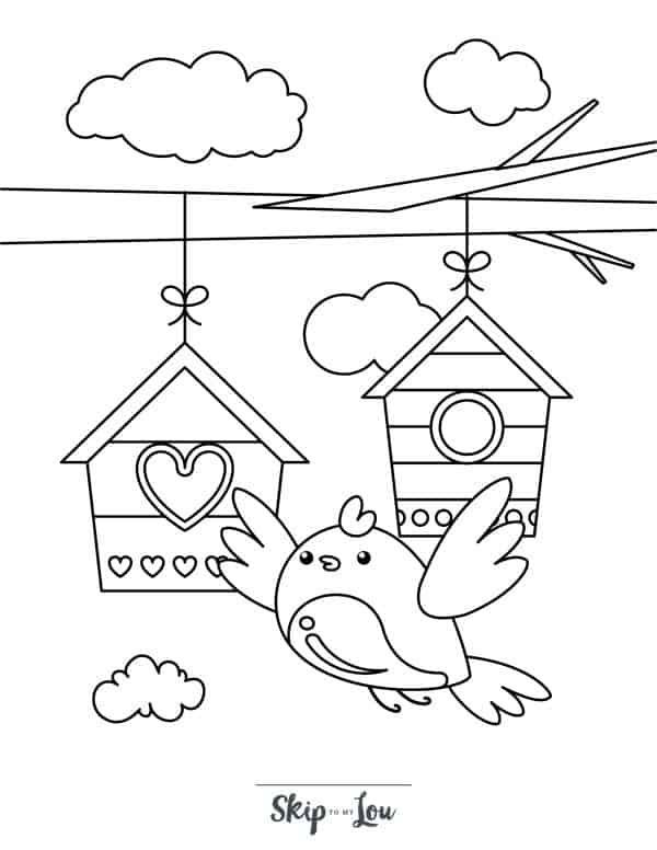 Bird flying next to birdhouses hanging from a branch coloring page from Skip to my Lou.