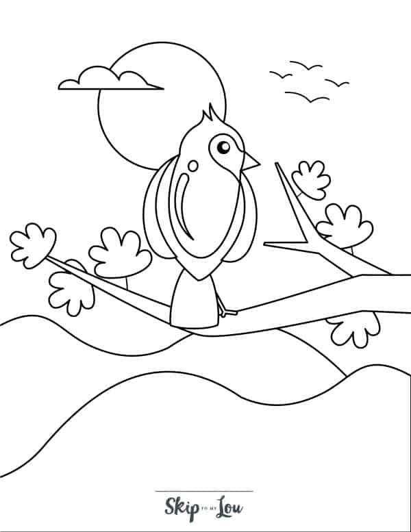 Bird looking at sunset sitting on a tree branch coloring page from Skip to my Lou.