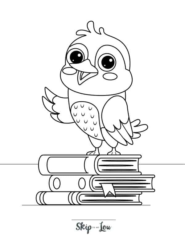 Bird standing on top of books coloring page from Skip to my Lou.