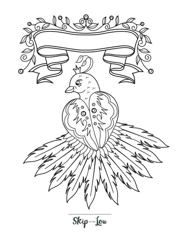Detailed royal bird coloring page from Skip to my Lou.