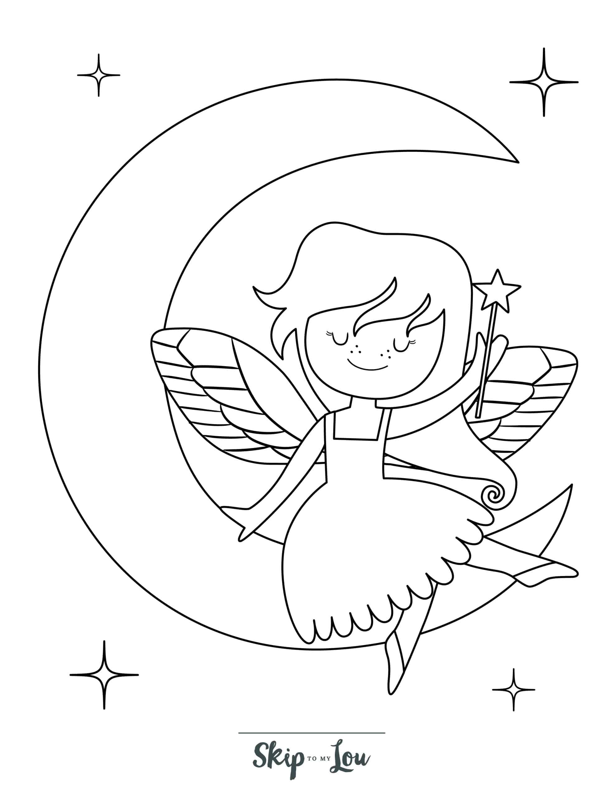 Fairy Coloring Page 2 - Fairy sitting on the moon