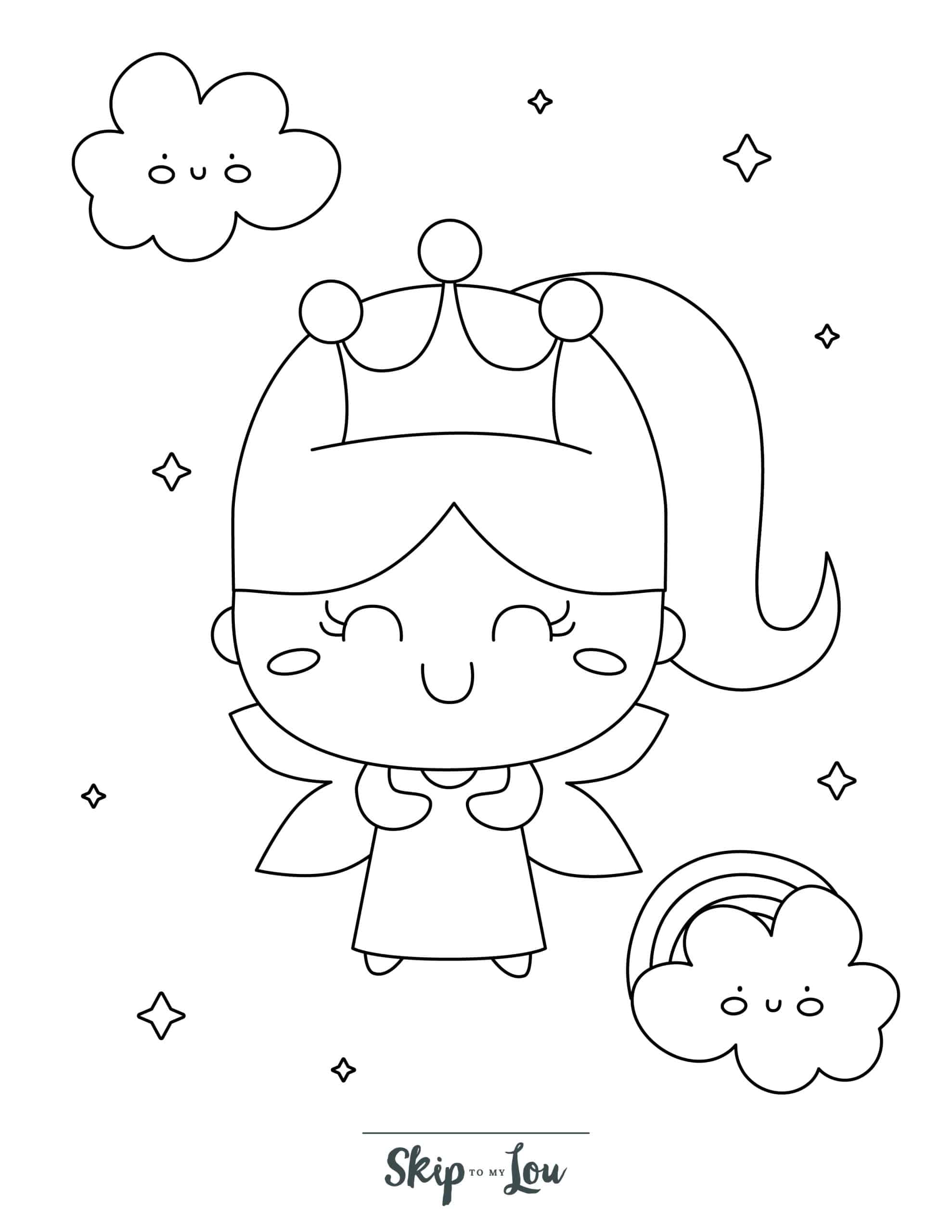 Fairy Coloring Page 4 - Cute fairy in the sky with stars and rainbow