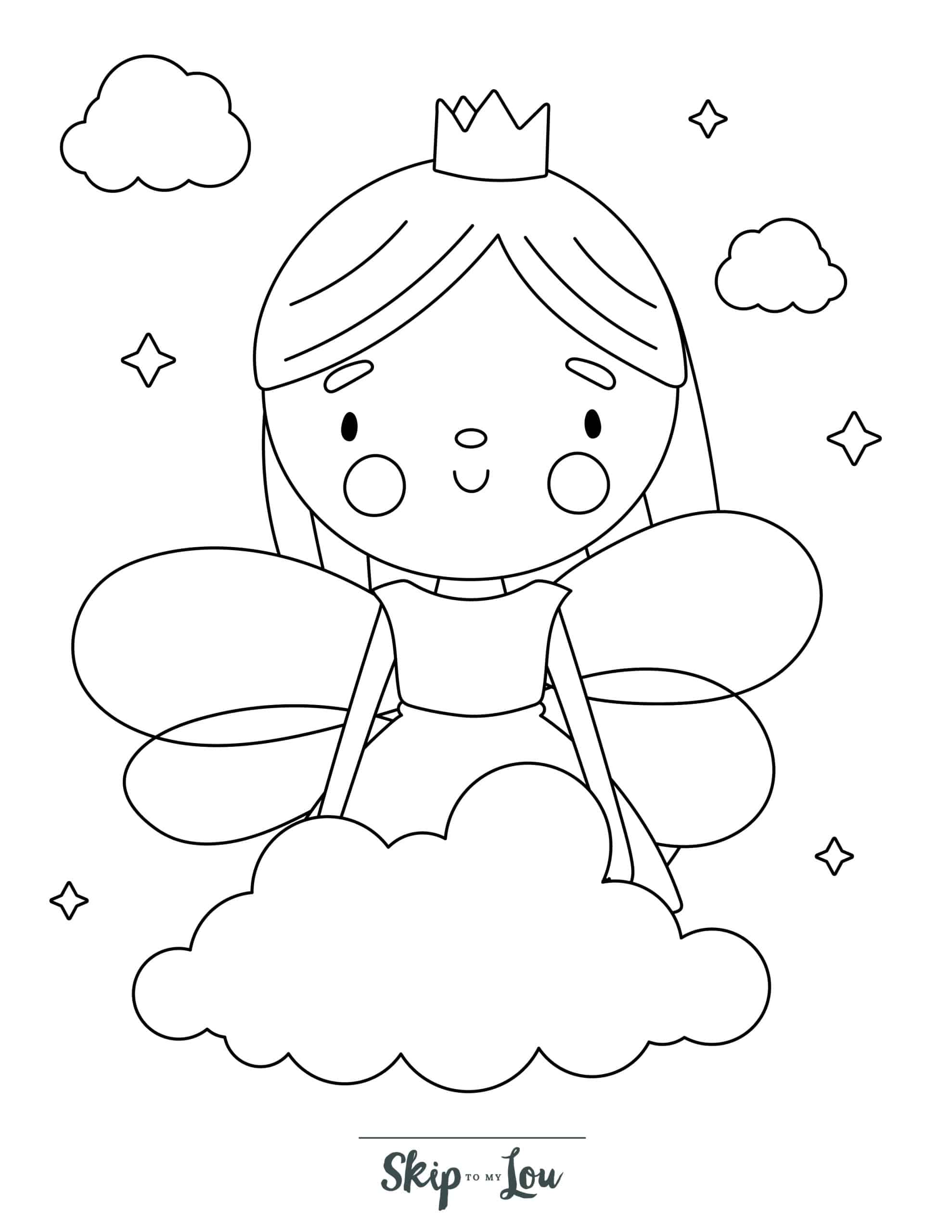 Fairy Coloring Page 7 - Cute fairy sitting in a cloud