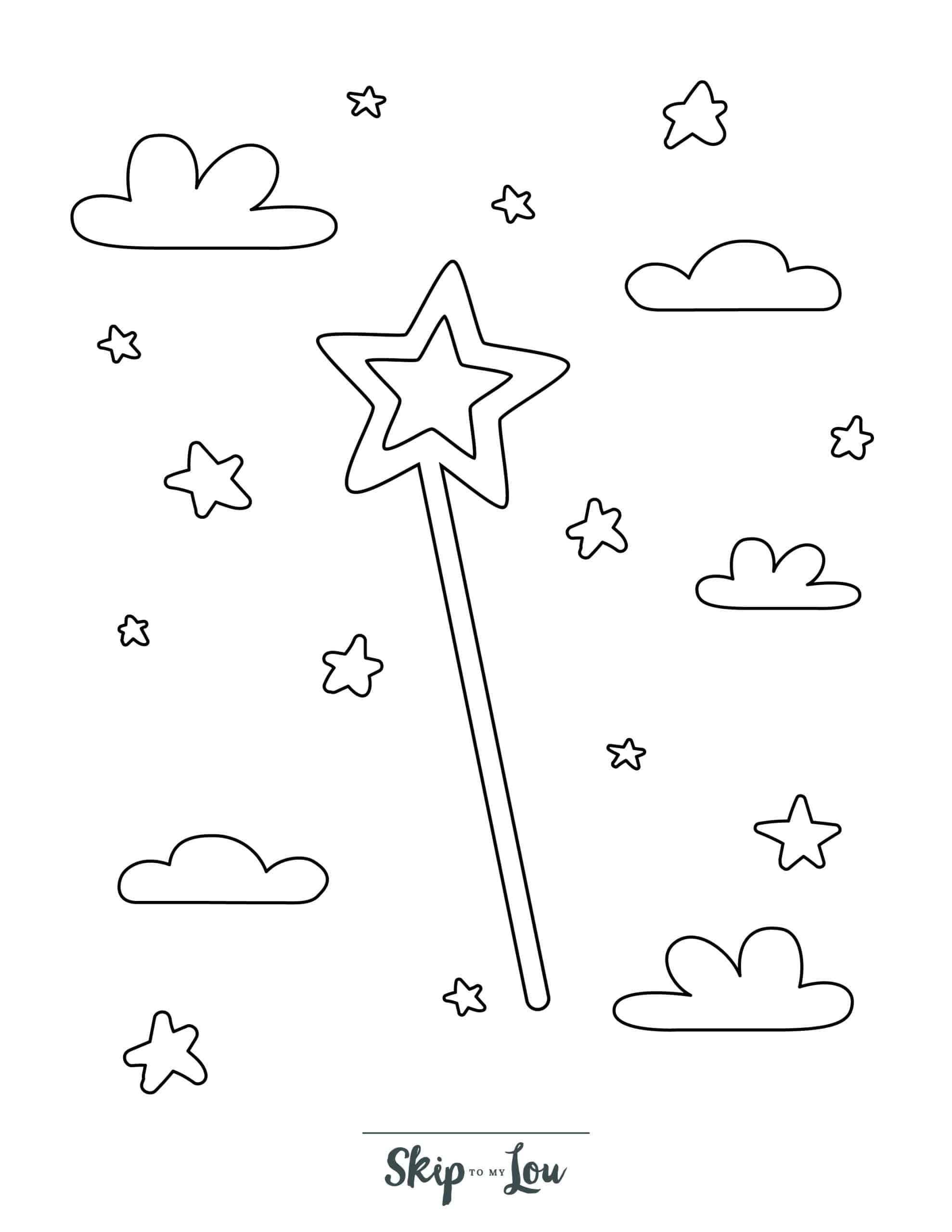 Fairy Coloring Page 9 - Magic wand in the clouds