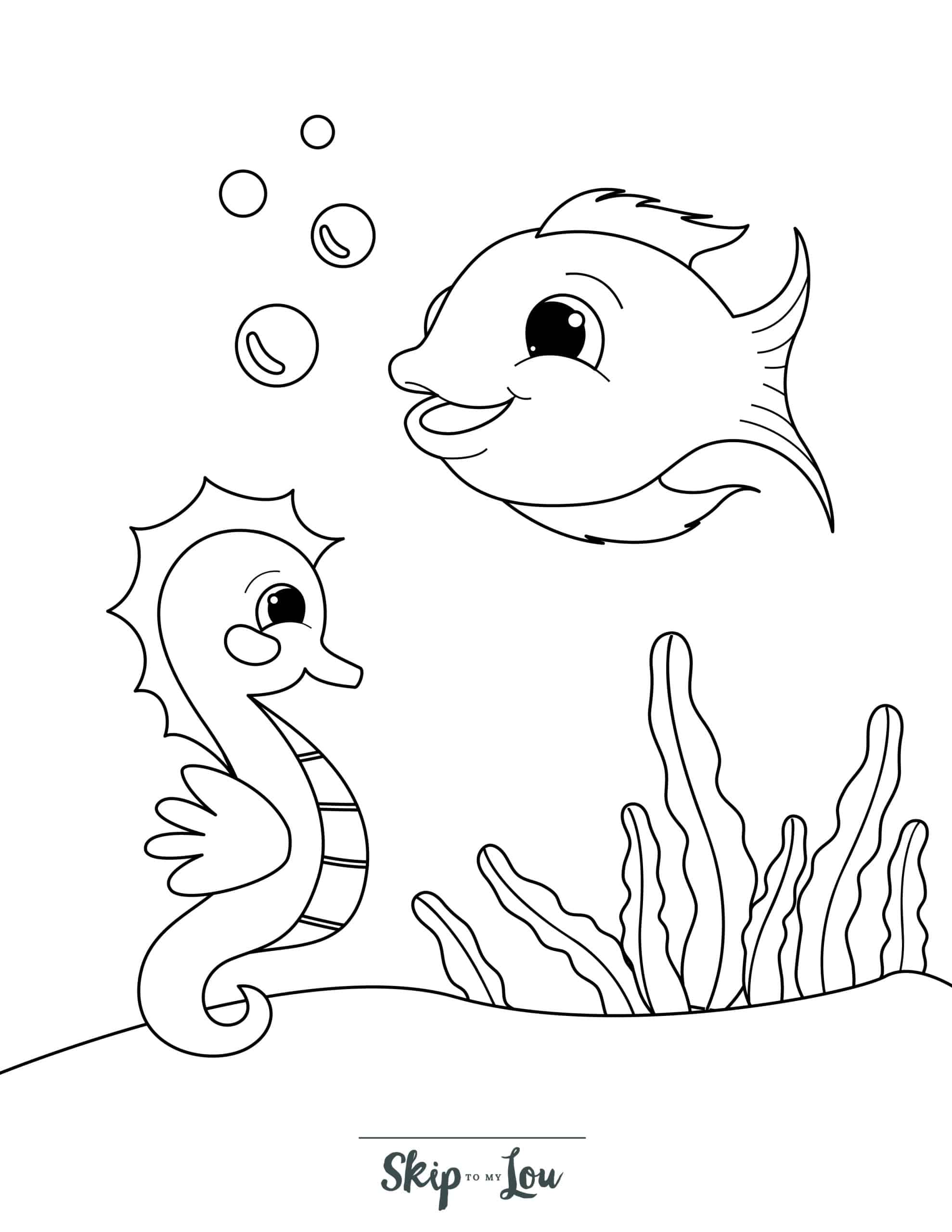 Fish Coloring Page 7 - Happy fish with a seahorse