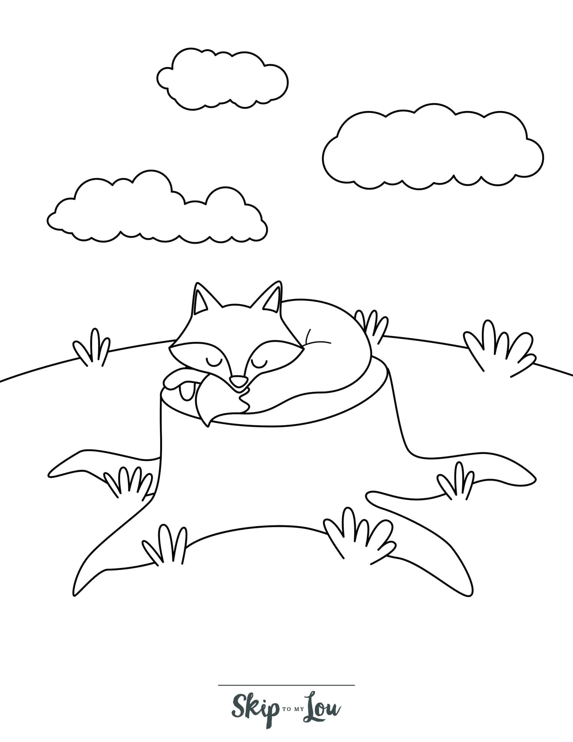 Fox Coloring Page 5 - Fox sleeping on tree stump