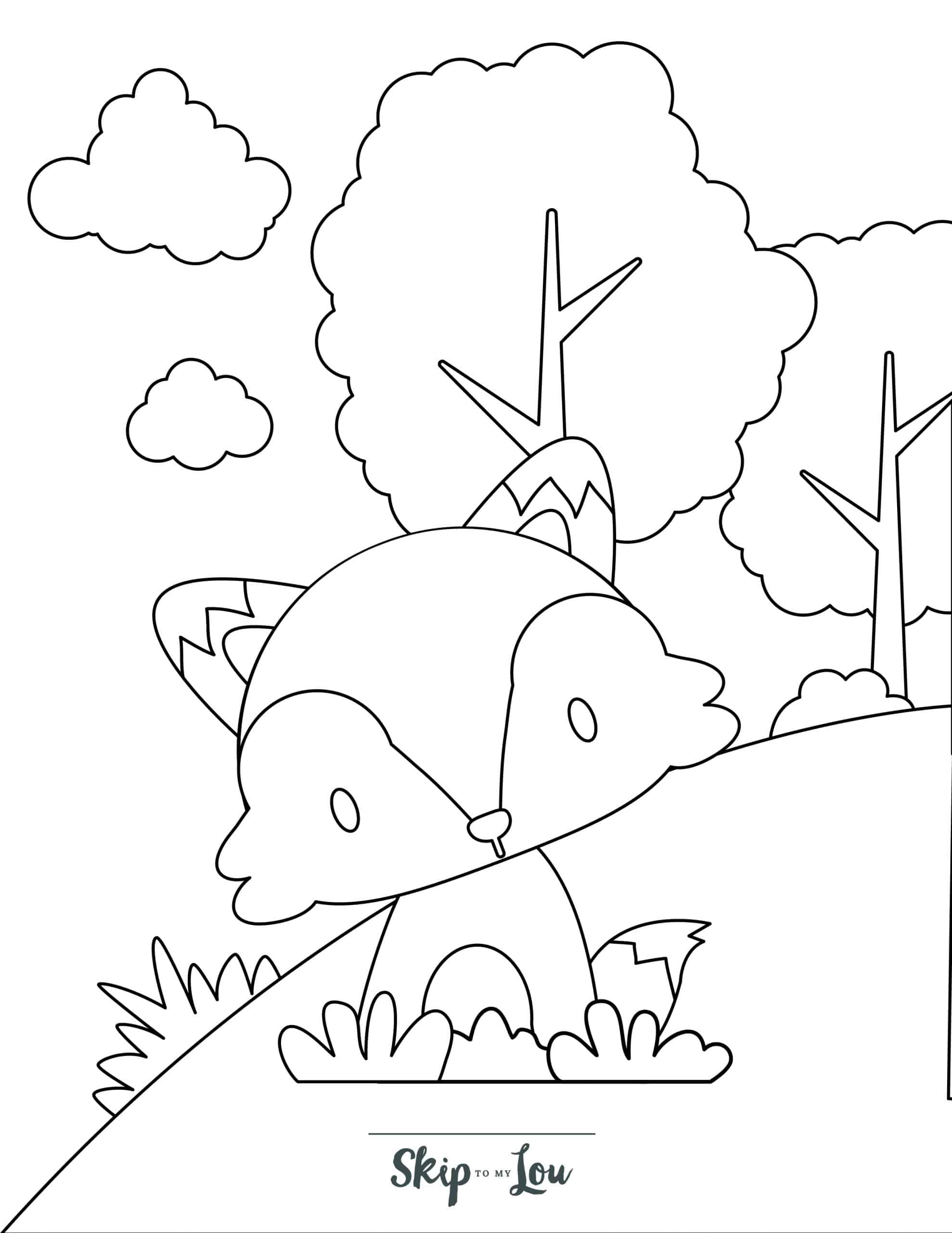 Fox Coloring Page 10 - Curious fox with trees