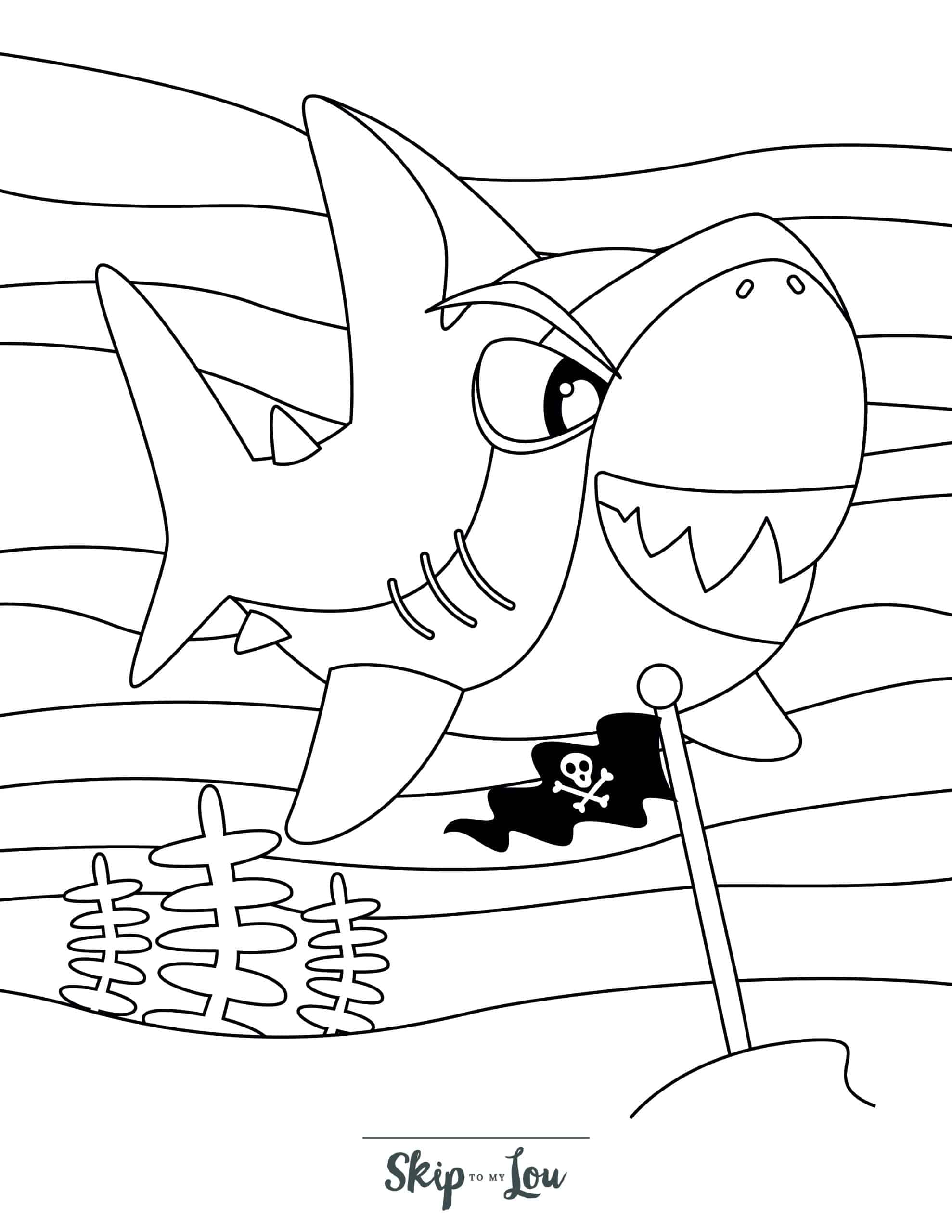 Pirate shark excited to rule the sea coloring page. From Skip to my Lou