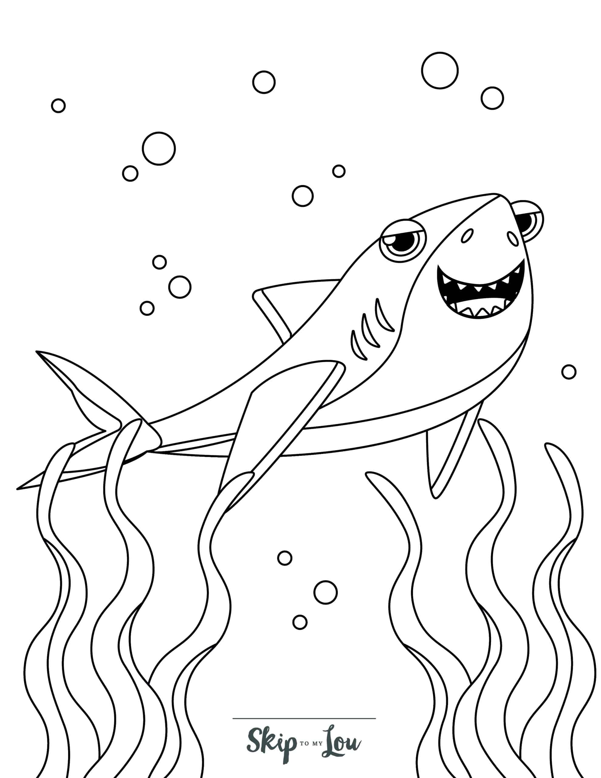 Shark in playful mood coloring page. From Skip to my Lou