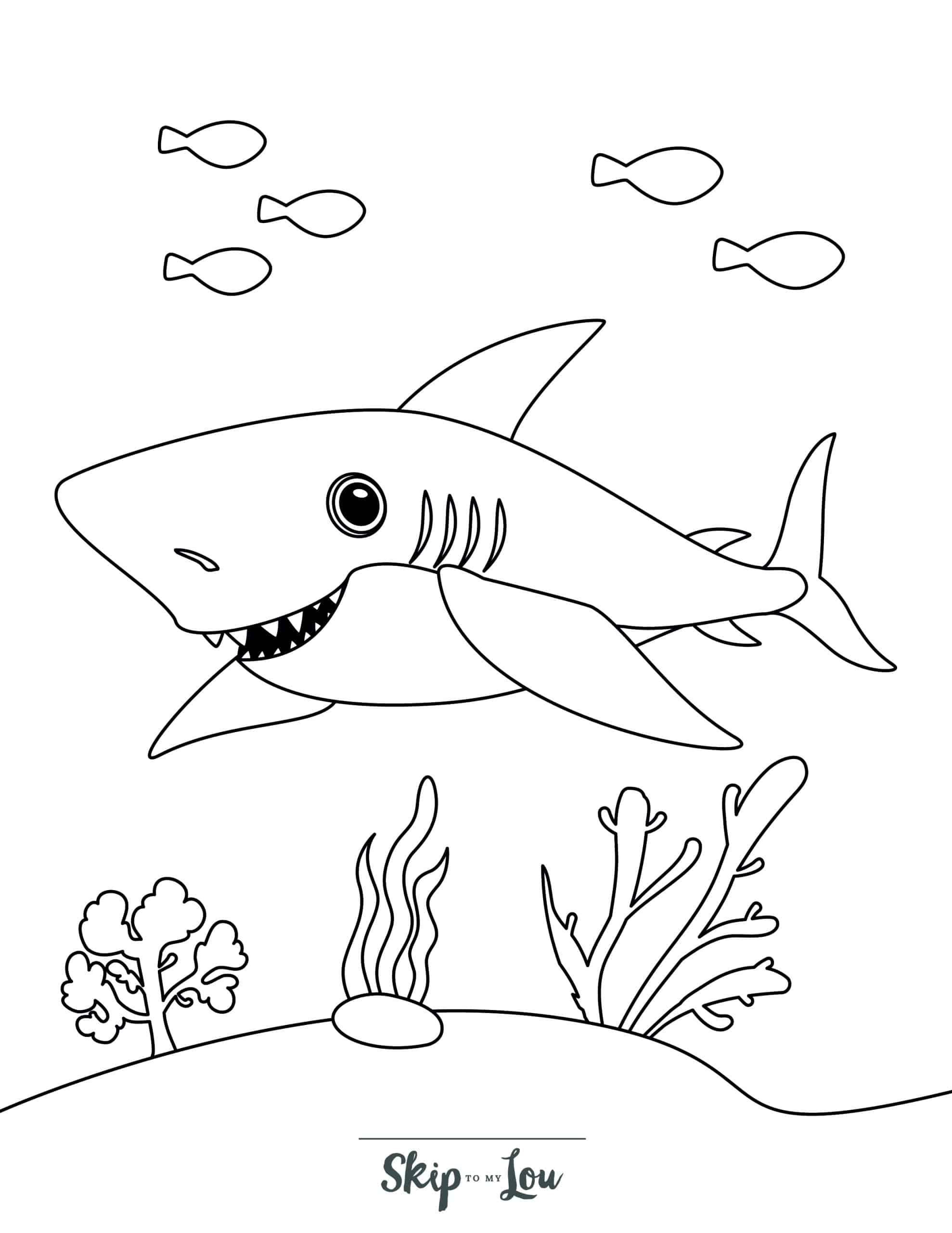 Happy shark enjoying sea bed coloring page. From Skip to my Lou