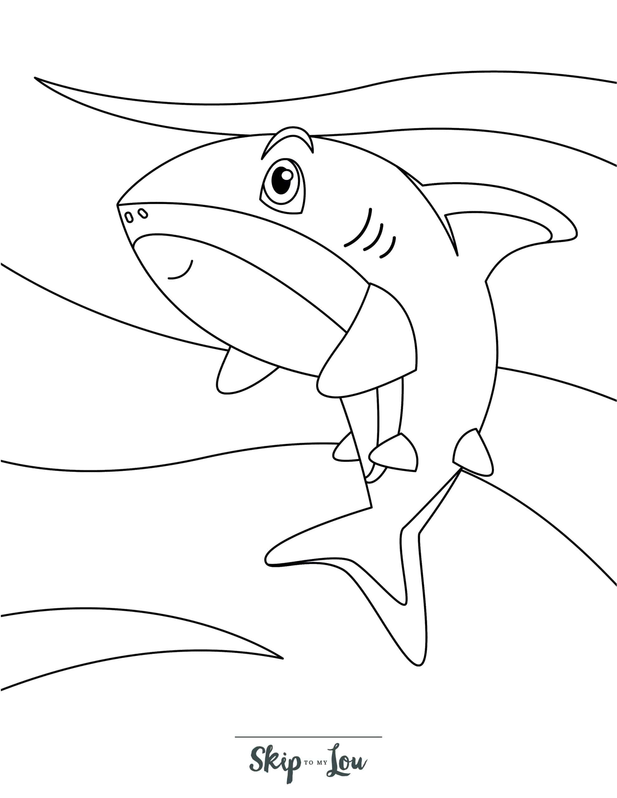 Shark in grumpy mood coloring page. From Skip to my Lou
