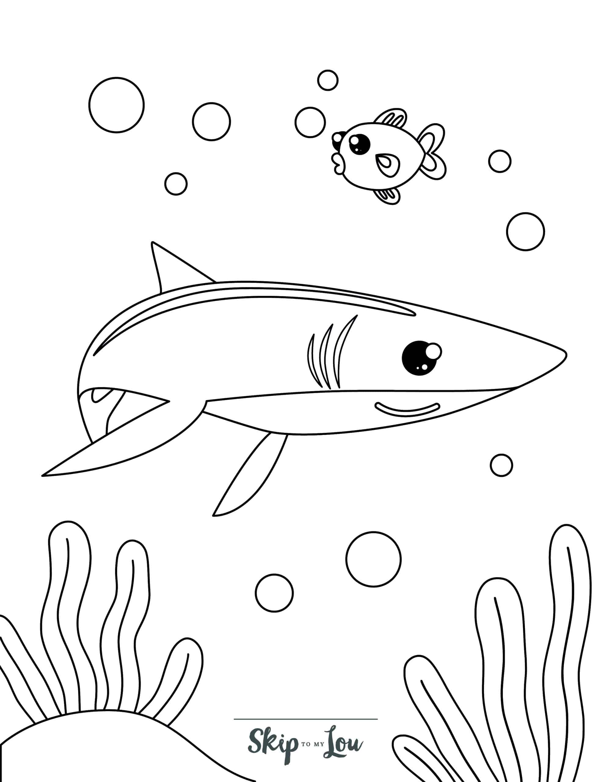 Intelligent shark observing his surrounding coloring page. From Skip to my Lou