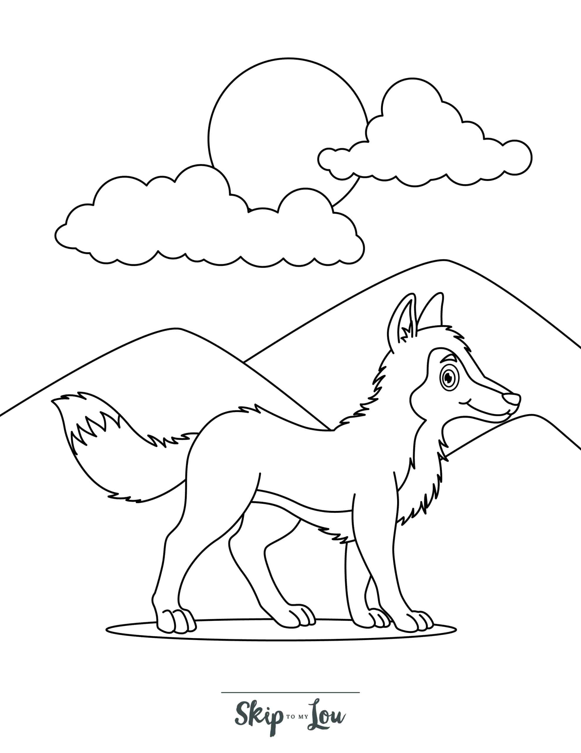Wolf Coloring Page 4 - Wolf with mountains