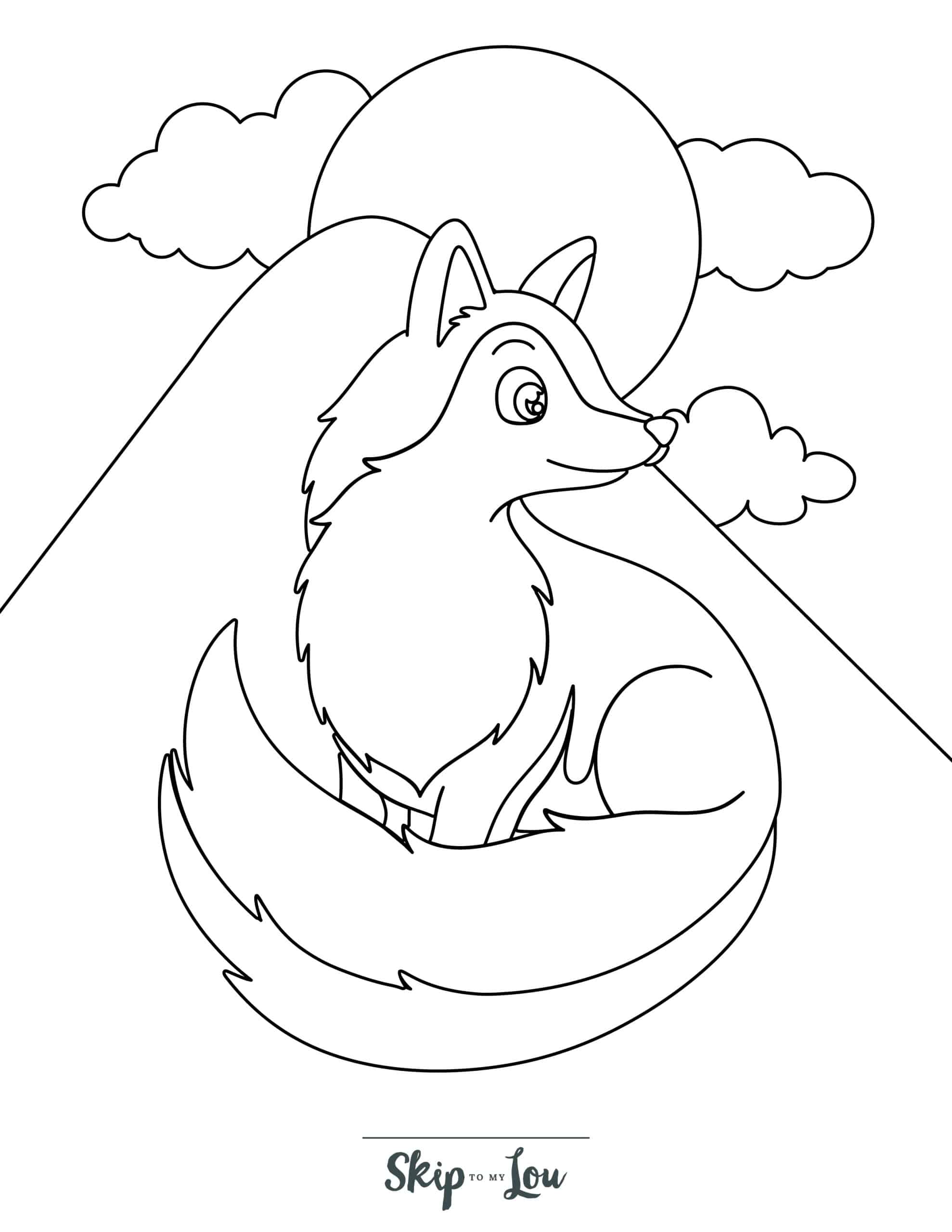 Wolf Coloring Page 5 - Wolf with sun and hill