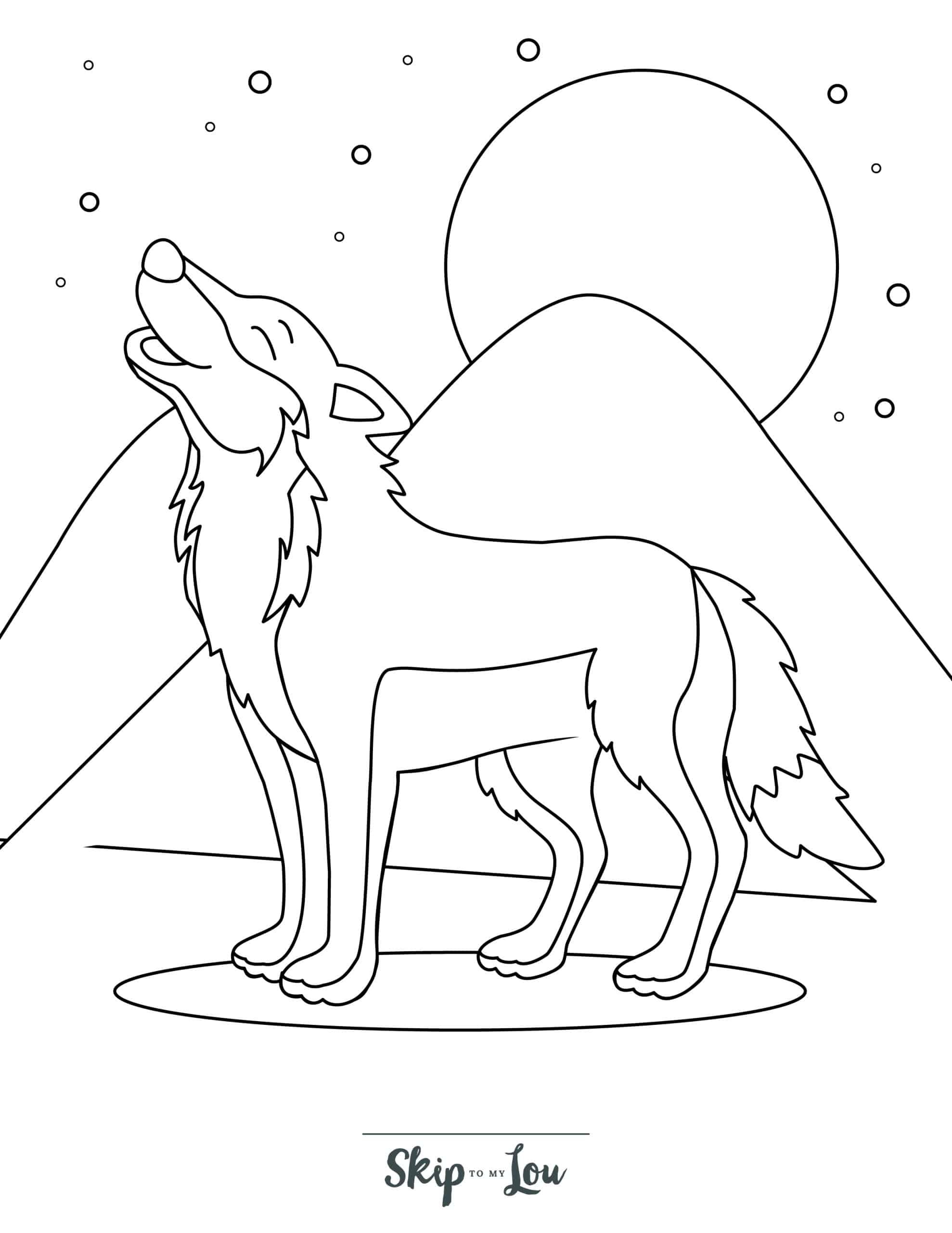 Wolf Coloring Page 1 - Howling wolf with mountain and moon