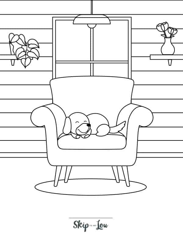 Puppy on a chair coloring page