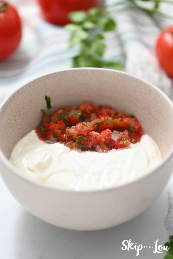 sour cream and salsa for southwestern salad from Skip to my Lou recipe in a bowl