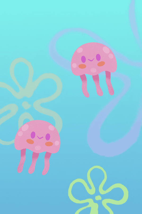 Image shows two pink jellyfish floating in the sea with flower designs on the background. Spongebob quotes from Skip to my Lou