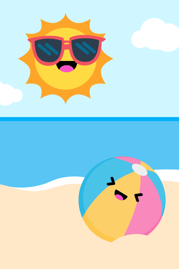 Image shows a drawing of the sun wearing sunglasses above the sea and the beach, and a colorful beach balloon.