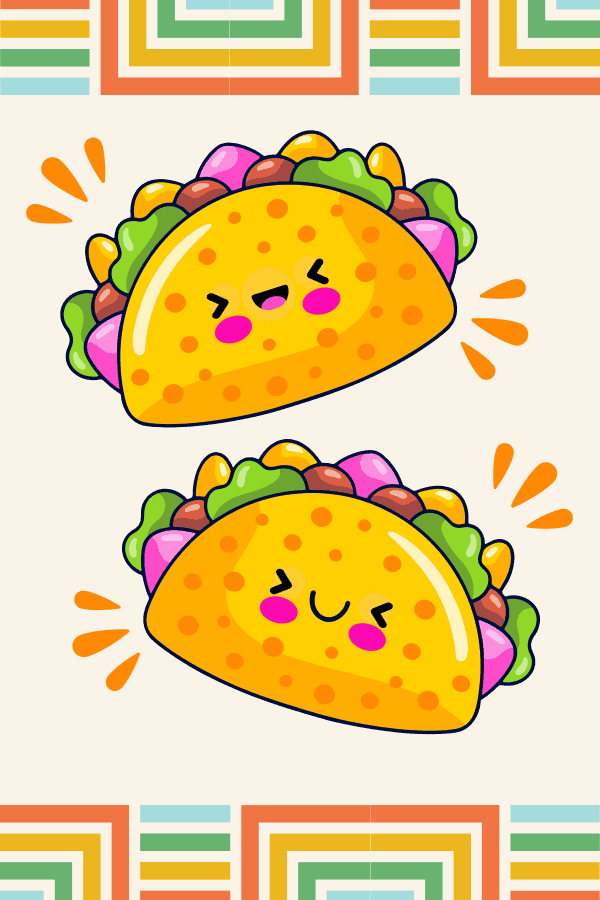 Drawing of two cute tacos with a smiley face and doodles around it.