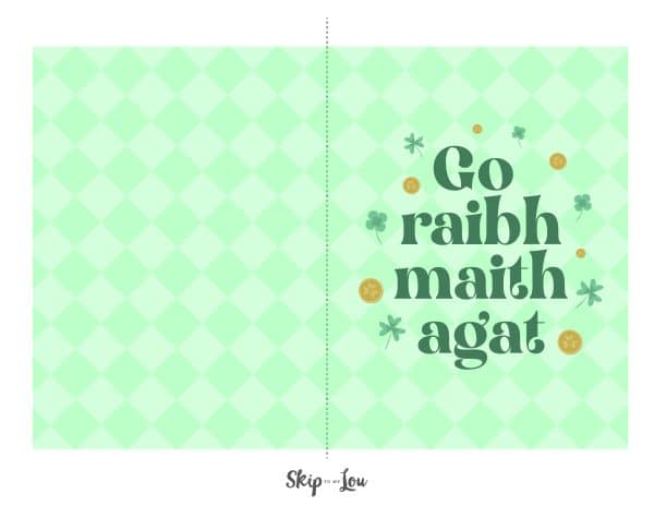 Image shows a green card with the Irish way to say thank you "go raibh maith agat" - Skip to my lou