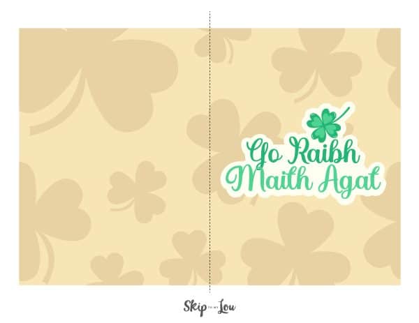 Image shows a brown card with the Irish way to say thank you "go raibh maith agat" - Skip to my lou