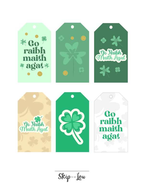 Image shows six thank you cards in Irish, in green, brown and pink colors. "Go raibh maith agat" - Skip to my Lou 