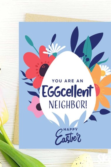 Image of a purple Happy Easter Neighbor card with flowers. Card says "You are an eggcellent neighbor" from Skip to my Lou
