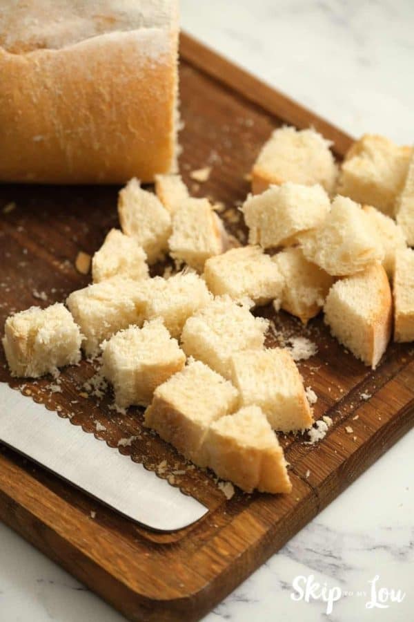 cubed pieces of bread for egg strata from Skip to My Lou recipe