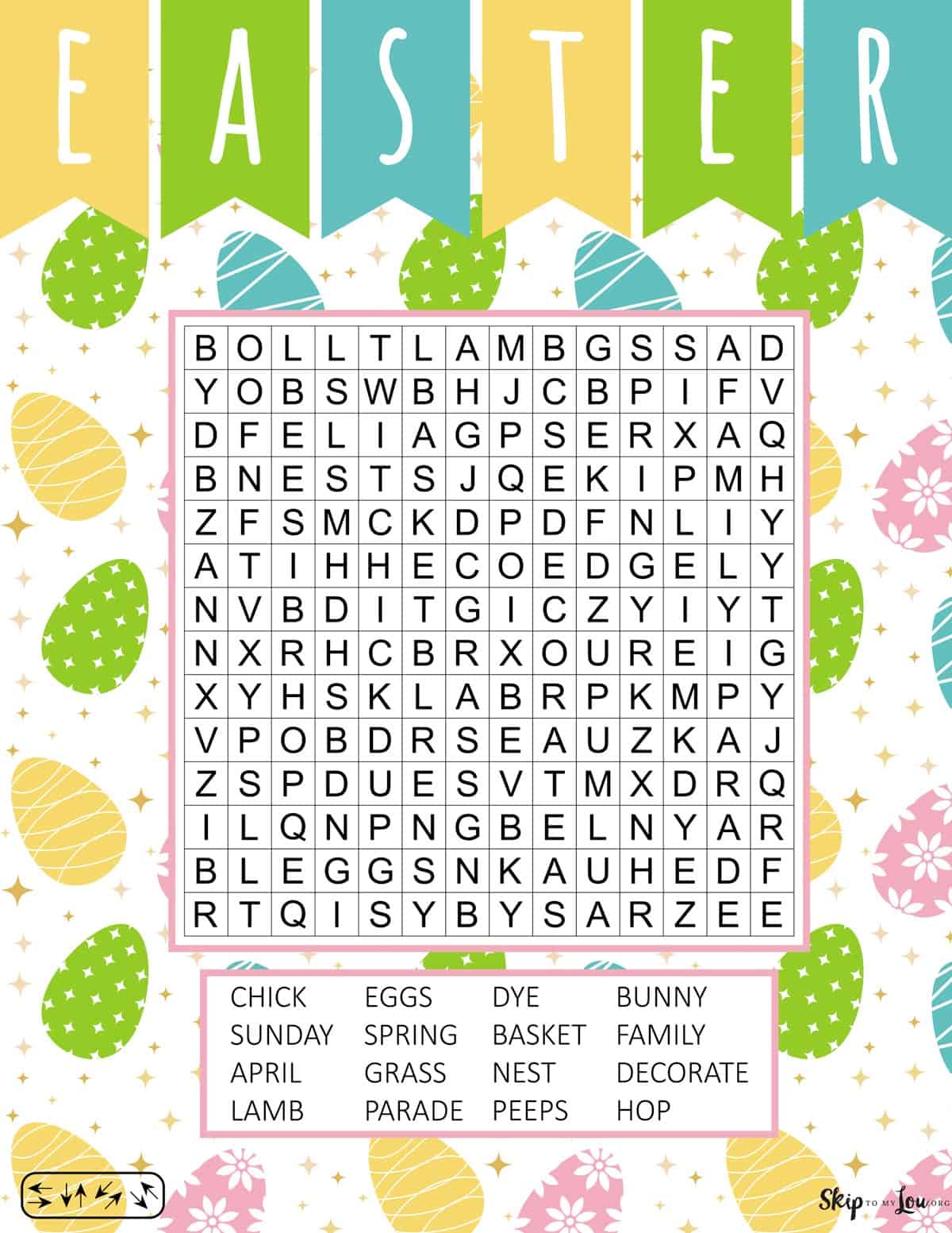 word search for Easter with easter eggs around the search
