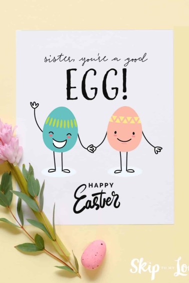 Image shows a printed Happy Easter sister greeting card decorated with pink and green eggs over a yellow background. From Skip to my Lou