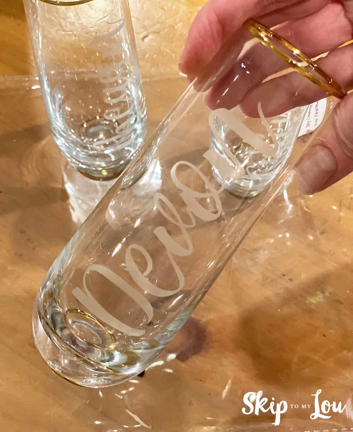 Final result - etched glass for a bridal gift. Different angle