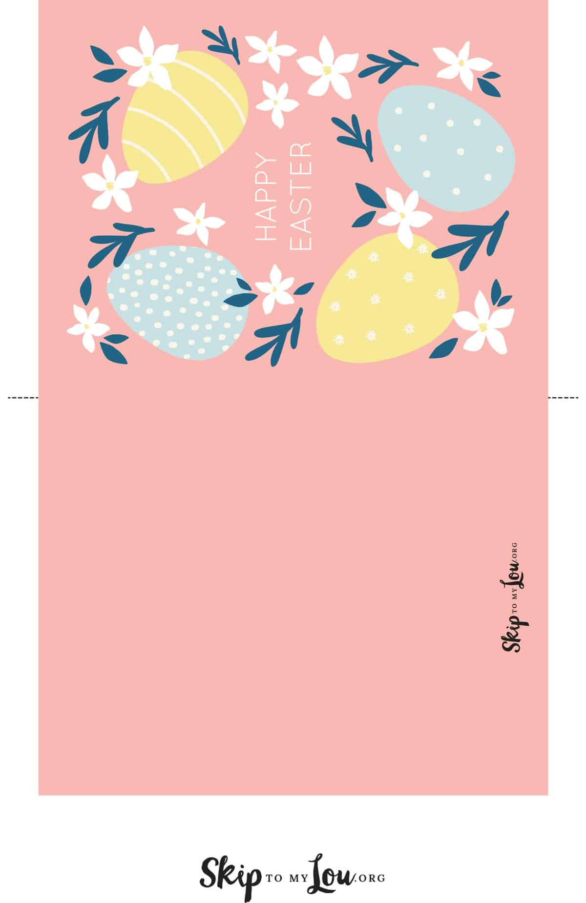 Image shows an open happy Easter greeting card in pink colors decorated with Easter eggs. from skip to my lou