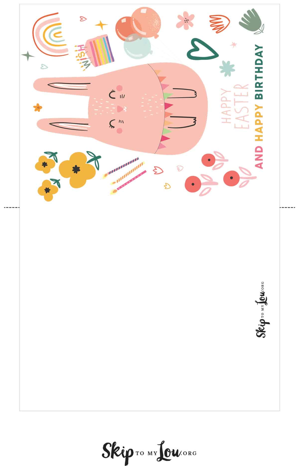 Open printable happy easter birthday card with a pink rabbit and some cute designs
