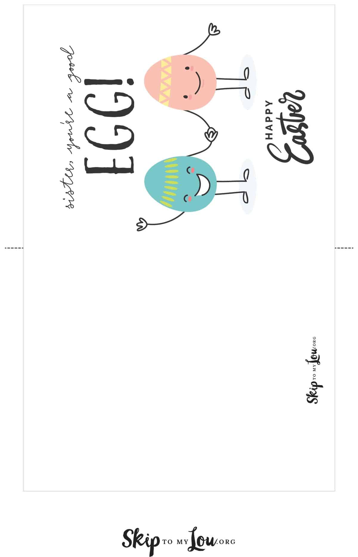 Image shows a printed Happy Easter sister greeting card decorated with pink and green eggs over a yellow background. From Skip to my Lou