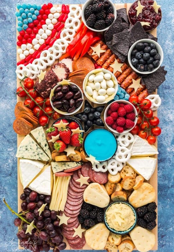 a unique take on the 4th of july charcuterie board ideas, amanda's cookin includes many options from an american flag made of candy to hummus, and more. 