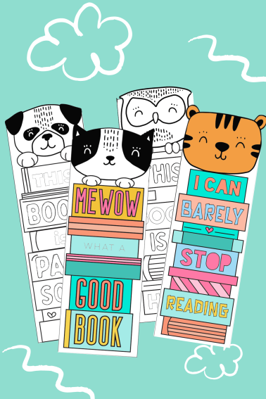 Collection of printable bookmarks for kids with the shapes of cat, owl and dog on top of books. from skip to my lou