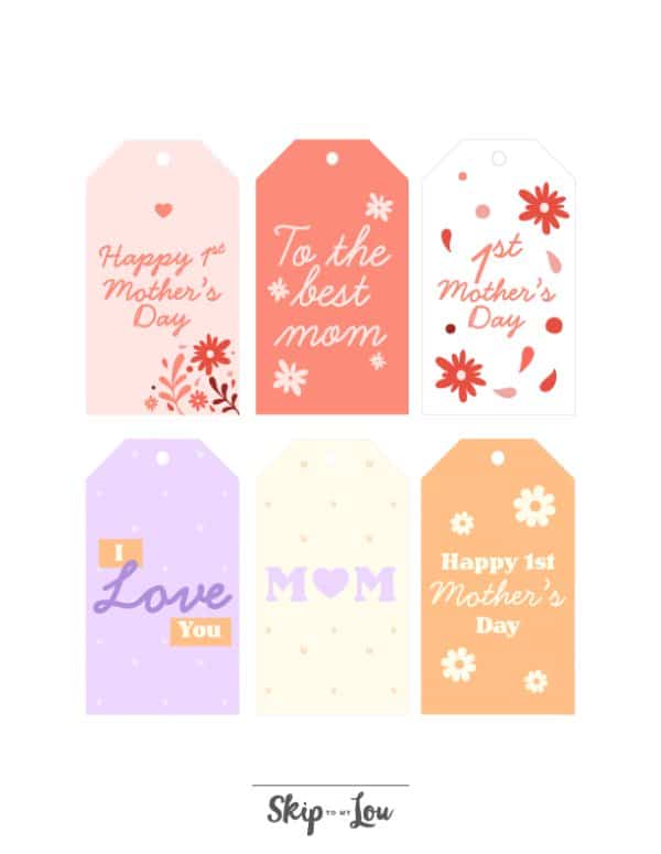 Collection of Happy First Mother's Day labels for gifts and presents in different colors with different designs. 