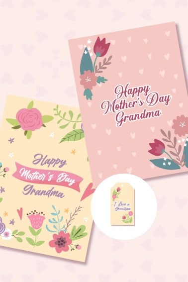 Two printable Happy mother's day grandma cards in pink. and yellow colors.