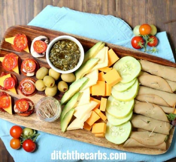 simple keto charcuterie board with meat, veggies, and cheese from ditch the carbs
